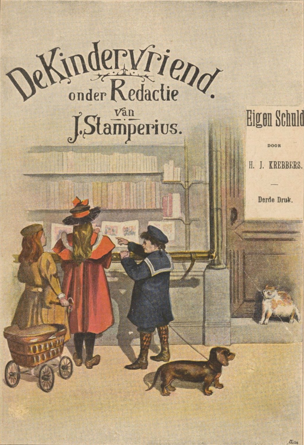 Three children and a dachshund looking into a bookshop window