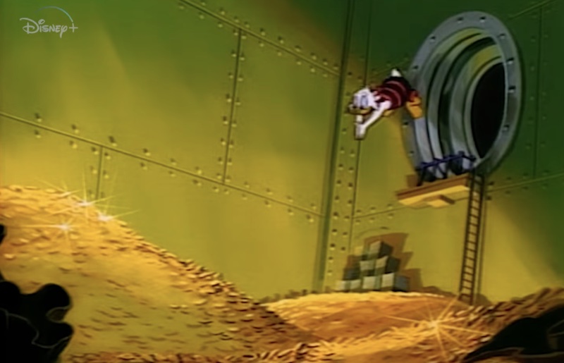 Scrooge McDuck swimming in a pile of gold coins