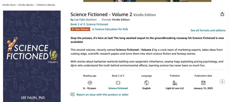 Amazon listing for Science Fictioned Volume 2 showing the #1 New Release badge in Science Education for Kids