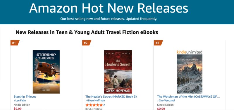 Amazon New Releases in Teen & Young Adult Travel Fiction eBooks, with Starship Thieves at number 1